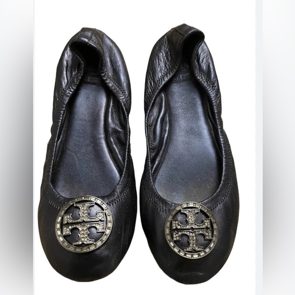 Tory Burch Black Violet Ballet Leather Crystal Logo Flats